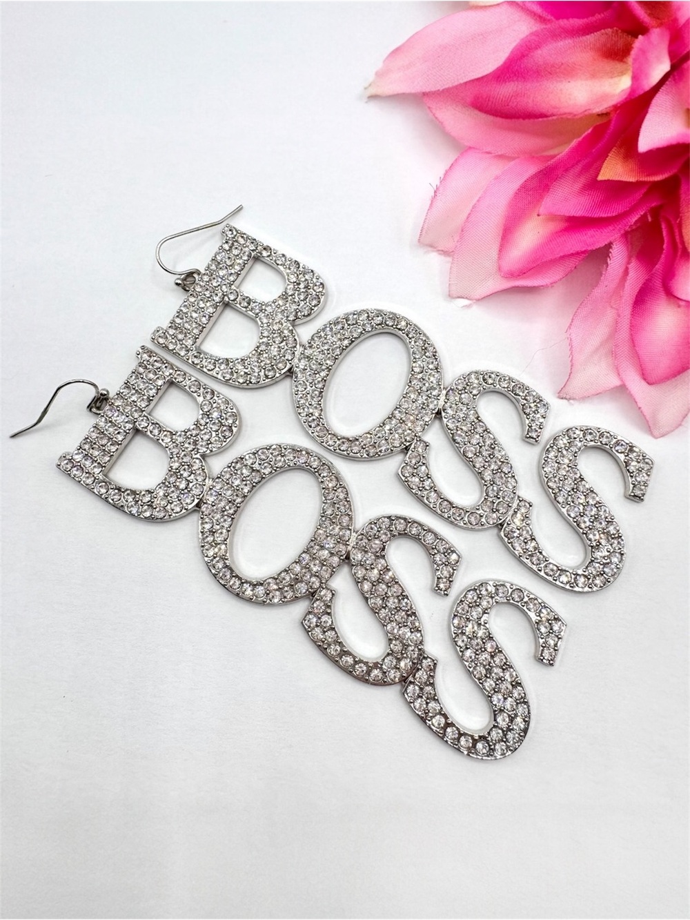 Huge Rhinestone Pave “Boss” Earrings Statement Blingy Silver Tone Statement
